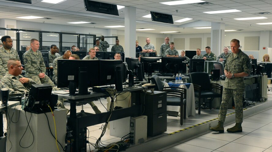 Chief Master Sgt. of the Air Force James A. Cody speaks with Airmen at the 608th Aerospace Operations Center on Barksdale Air Force Base, La., April 2, 2013. The CMSAF visited Barksdale along with the Chief of Staff of the Air Force Gen. Mark A. Welsh III where they shared their views on the challenges and opportunities facing today's Airmen. (U.S. Air Force photo/Senior Airman Micaiah Anthony)