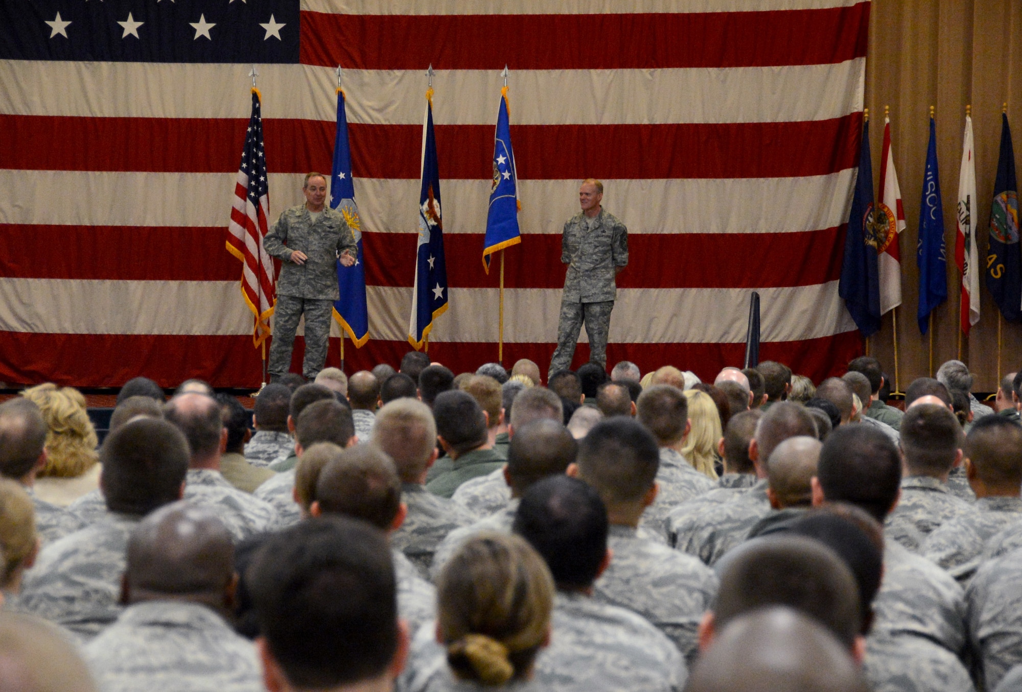 Air Force Chief of Staff Gen. Mark A. Welsh III and Chief Master Sgt. of the Air Force James A. Cody speak with Airmen during an all-call at Hoban Hall on Barksdale Air Force Base, La., April 3, 2013. (U.S. Air Force photo/Staff Sgt. Amber Ashcraft)