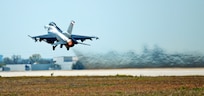 A Texas Air National Guard F-16 takes off from a runway at Joint Base San Antonio-Lackland to conduct routine training operations March 13, at JBSA-Lackland. (U.S. Air Force photo by Benjamin Faske) (released)