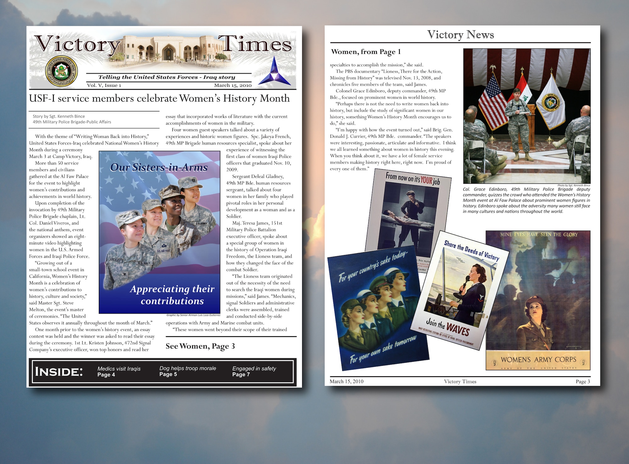 Victory Times March 2010 publication featuring article and images for Women's History Month. As a senior airman, Staff. Sgt. Luis Loza Gutierrez played tribute to all U.S. servicewomen by redesigning the blue World War II era poster on the right. The new design ran on the front page and offered a culturally diverse representation of the women who serve in the military today. (U.S. Air Force graphic/Staff Sgt. Luis Loza Gutierrez)