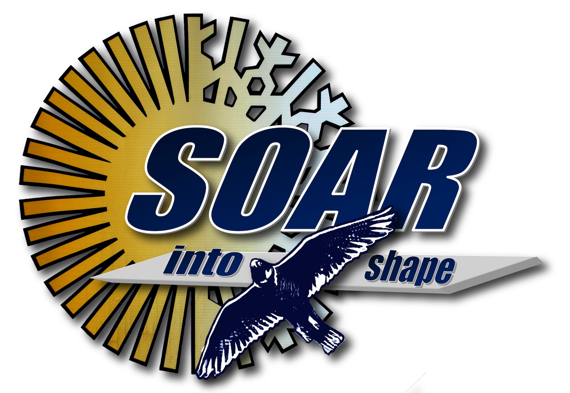 Soar into shape is a seasonal fitness campaign headed by the Health and Wellness Center (HAWK) on Grand Forks Air Force Base, N.D. It directly supports the Airman Comprehensive Fitness Program. (U.S Air Force graphic/Staff. Sgt. Luis Loza Gutierrez)