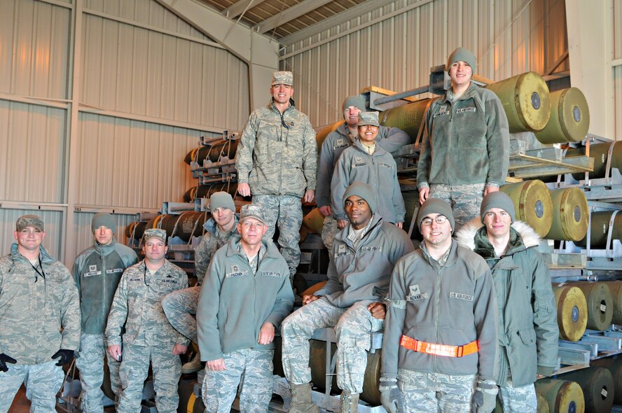 MINOT AIR FORCE BASE, N.D. -- The 5th MUNS Munitions Storage Element consists of 34 Airman responsible for break out and bed down of all conventional explosives arriving at Minot Air Force Base. This comprises bombs, missiles, bullets, egress items and missile field defense assets. They maintain and safeguard 2.1K munitions line items valued at over $113 Million stored in more than 100 munitions storage facilities within the Munitions and Weapons Storage areas. (Photo courtesy of the Command Chief’s Office)