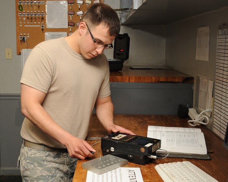 Senior Airman Josh Martinez, 2nd Maintenance Squadron non-destructive inspection, uses an 80 current machine to look for cracks on a B-52H Stratofortress part on Barksdale Air Force Base, La., April 3, 2013. NDI Airmen look for cracks on parts using specialized equipment on the surface and subsurface level. (U.S. Air Force photo/Senior Airman Sean Martin)