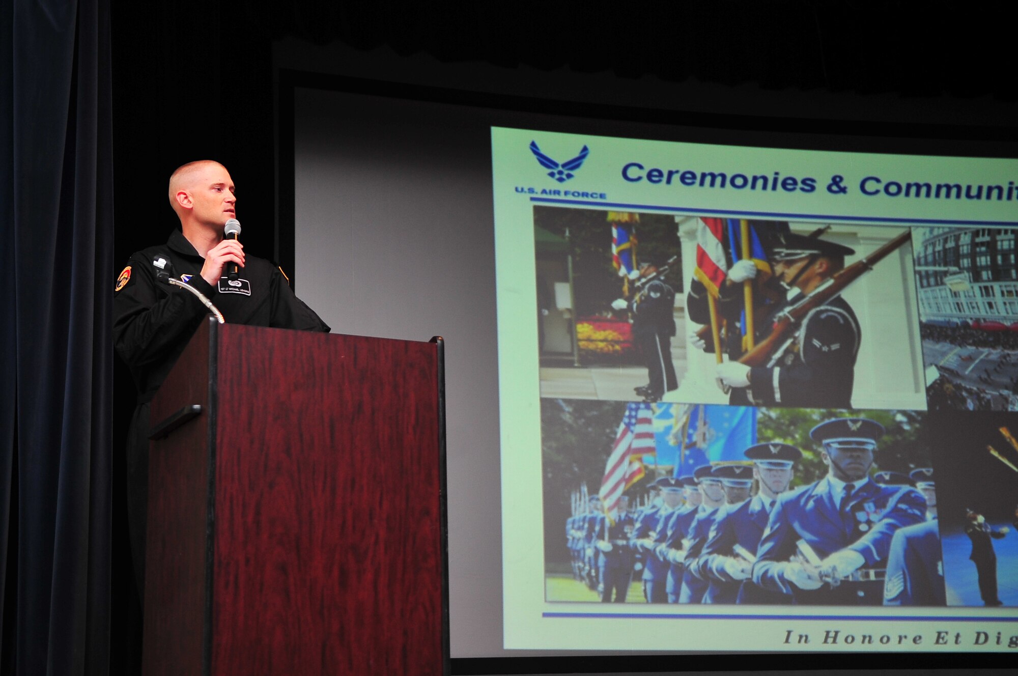 U.S. Air Force 1st Lt. Michael Lemorie, U.S. Air Force Honor Guard Drill Team commander, speaks about the different types of ceremonies and community events the Honor Guard supports at a recruitment brief and demonstration on Seymour Johnson Air Force Base, N.C., Mar. 28, 2013. The drill team traveled to several Air Force installations in an effort to recruit more NCOs. (U.S. Air Force photo by Airman 1st Class Aubrey White/Released)