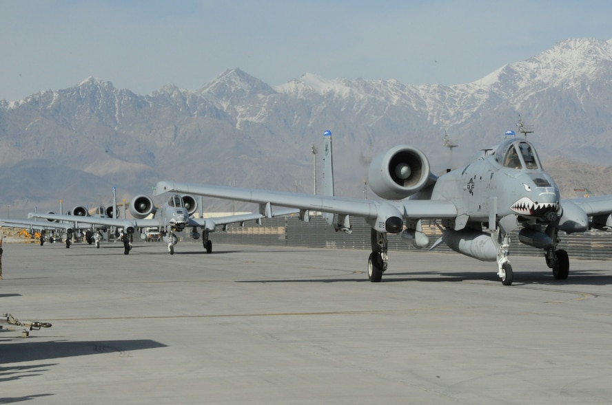 A-10 Thunderbolt II fighter aircraft taxi to their parking spots upon arrival on Bagram Airfield, Afghanistan, March 31, 2013. The aircraft are part of a new deployment from Moody Air Force Base, Ga. (U.S. Air Force photo/Staff Sgt. David Dobrydney)