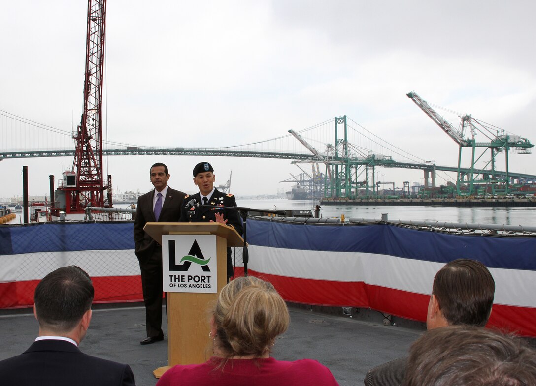 Col. Mark Toy, commander of the Los Angeles District, addresses a crowd of reporters and members of the public April 3 during a ceremony to mark the completion of the 10-year, $370 million Port of Los Angeles channel deepening project managed by Los Angeles District.