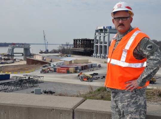 Staff Sgt. Jackie Wallace works on the Corps' Olmsted Locks and Dam, Ill. construction project on the lower Ohio River. His internship is via the  Operation Warfighter program for convalescing wounded warriors. 