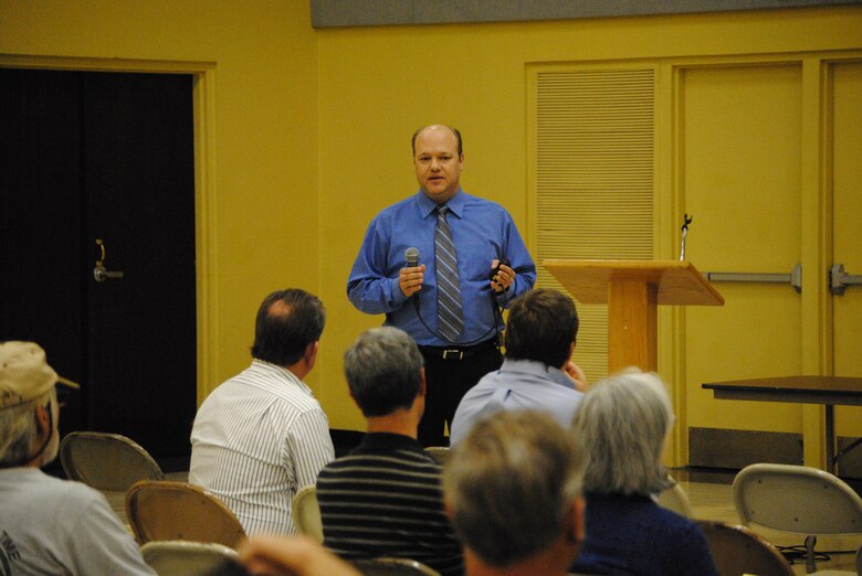 Tim Willadsen, Herbert Hoover Dike project manager, describes the Dam Safety Modification Study at a recent public meeting.  About 60 people attended the meetings in Clewiston and Okeechobee to learn more about future plans for rehabilitation of the dike.  