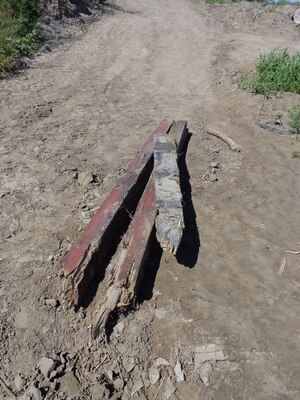 Some of the excavated timbers still showed the pigment from painted portions of the steamboat.