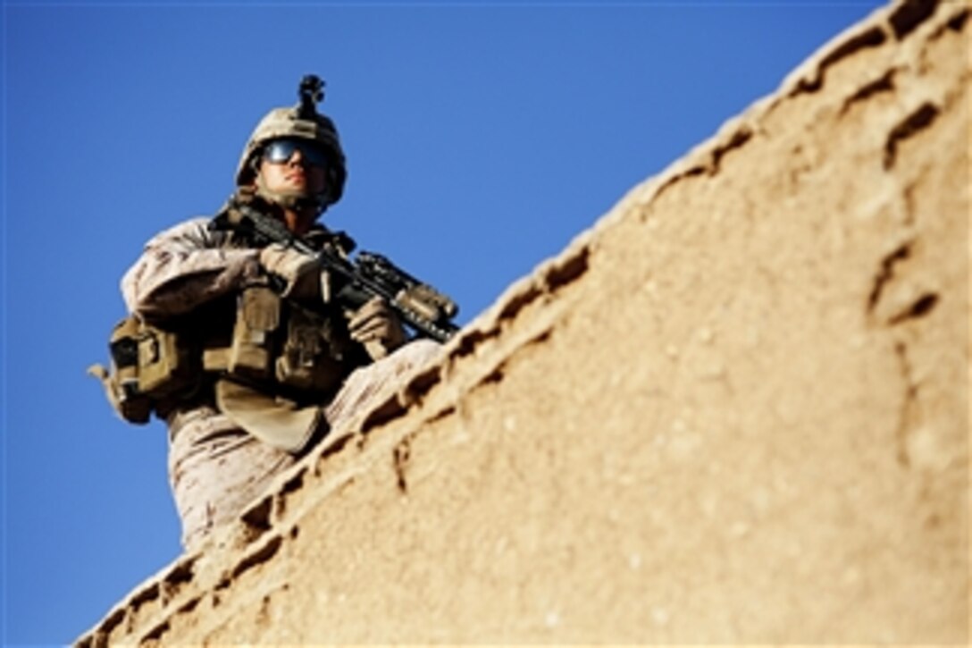 U.S. Marine Corps Lance Cpl. Pablo Perez provides security during counter-improvised explosive device training at Camp Leatherneck in the Helmand province of Afghanistan on April 2, 2013.  Marine Corps instructors with the 2nd Combat Engineer Battalion led the training, which covered tactics and techniques in an urban operations framework.  Perez is a rifleman with Kilo Company, 3rd Battalion, 4th Marine Regiment.  