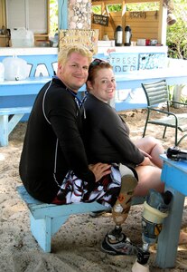 Kevin and Danielle Pannell take a break at Ivan's Local Flavor Stress Free Bar at White Bay Campgrounds on Jost Van Dyke, British Virgin Islands, on Oct. 20, 2007. The couple was part of a small group of wounded veterans and their spouses who participated in Team River Runner's first adaptive kayaking trip to the Virgin Islands.