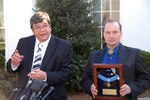 Kurt Bluedog and Russell Hawkins respond to questions from the media outside the White House on March 3, 2008, following a Medal of Honor presentation ceremony. The men accepted the medal from the president on behalf of Master Sgt. Woodrow Wilson Keeble. Keeble was Bluedog's great-uncle and Hawkins' stepfather, and he is the first full- blooded Sioux Indian to earn the nation's highest military honor. Keeble enlisted in the North Dakota National Guard in 1942.