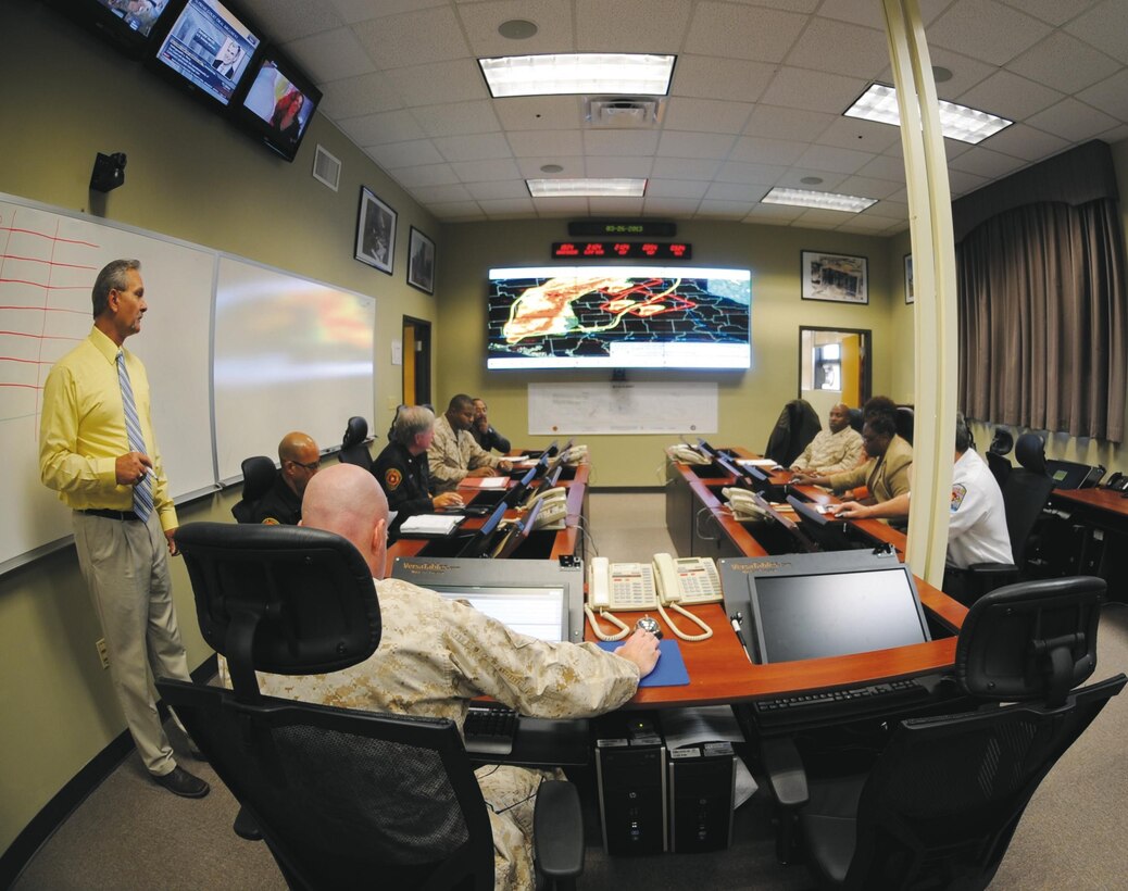 Marine Corps Logistics Base Albany officials conduct an installation-wide destructive weather exercise March 26 from the base’s Emergency Operation Center. The all-day exercise tested and evaluated actions to be taken during weather events favorable for tornadoes. The MCLB Albany EOC hopes to conduct drills such as this one at least twice a year to make sure base personnel are as prepared as possible should severe weather happen.