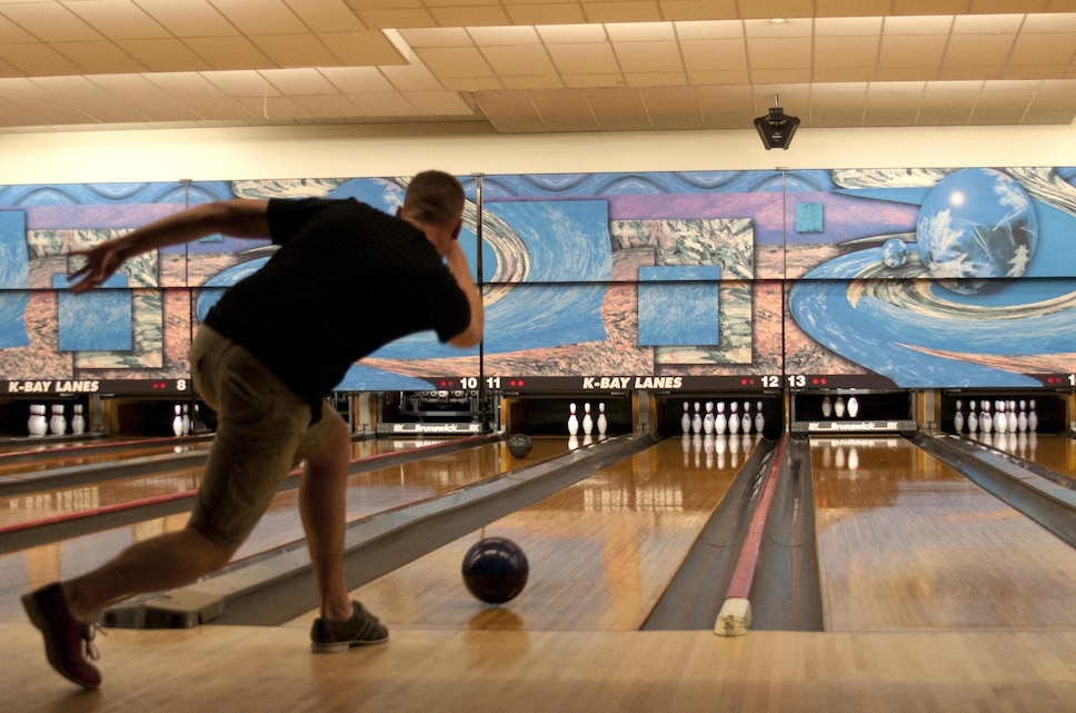 MARINE CORPS BASE HAWAII - Lance Cpl. Victor Danish, flute player with U.S. Marine Corps Forces, Pacific Band, bowls a strike, April 1, at K-Bay Lanes aboard Marine Corps Base Hawaii. (U.S. Marine Corps photo by Lance Cpl. Janelle Y. Chapman) 