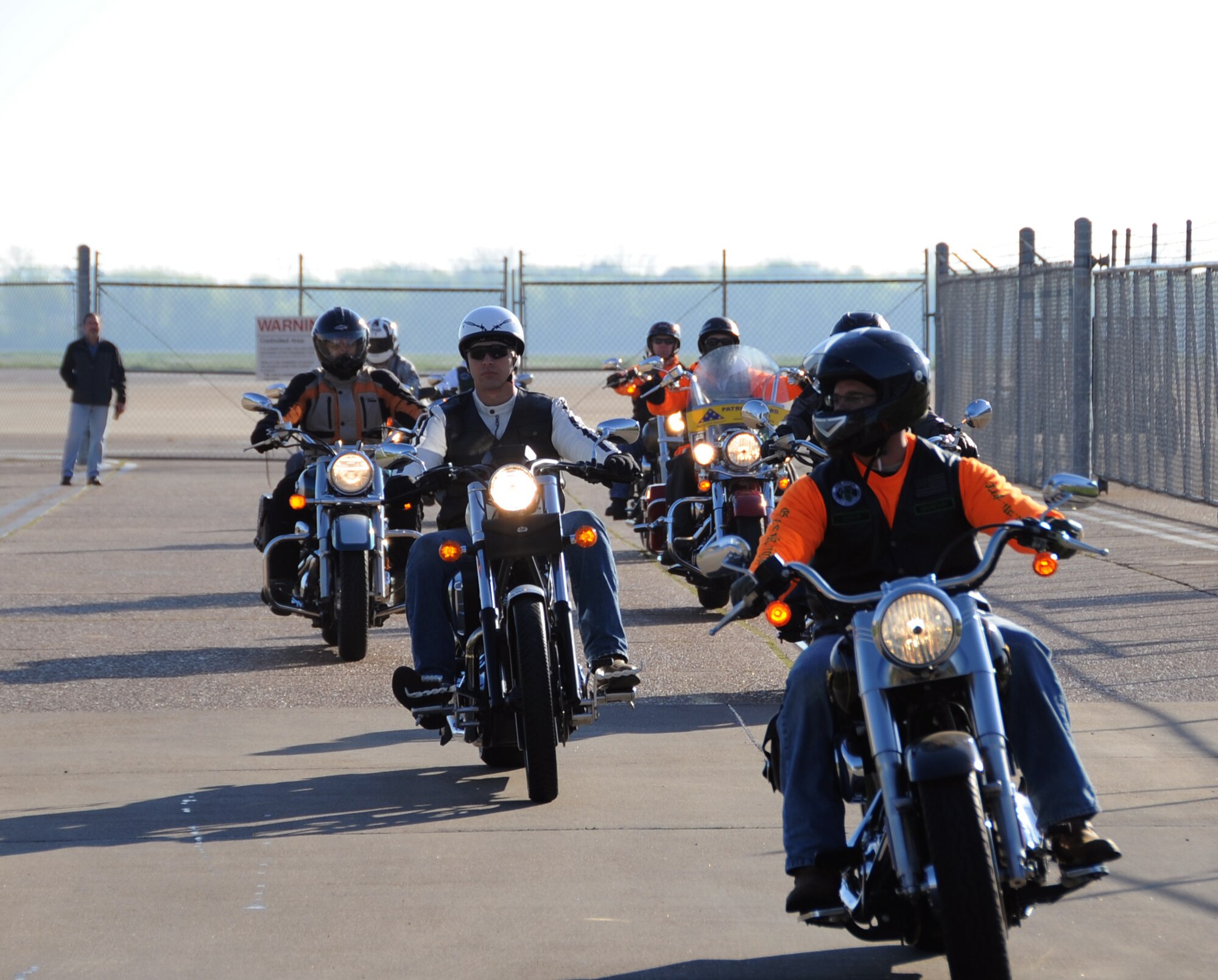 Motorcycle enthusiasts prepare to depart during the Thunder on the Bayou motorcycle ride on Barksdale Air Force Base, La., April 5, 2013. The motorcycle ride was more than 100 miles long and took the riders more than two hours to complete. (U.S. Air Force photo/Airman 1st Class Benjamin Gonsier)