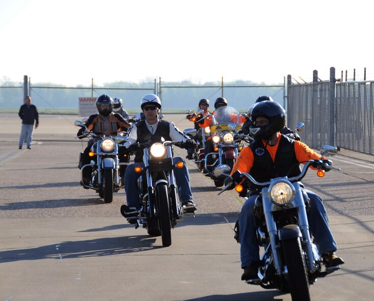 Motorcycle enthusiasts prepare to depart during the Thunder on the Bayou motorcycle ride on Barksdale Air Force Base, La., April 5, 2013. The motorcycle ride was more than 100 miles long and took the riders more than two hours to complete. (U.S. Air Force photo/Airman 1st Class Benjamin Gonsier)