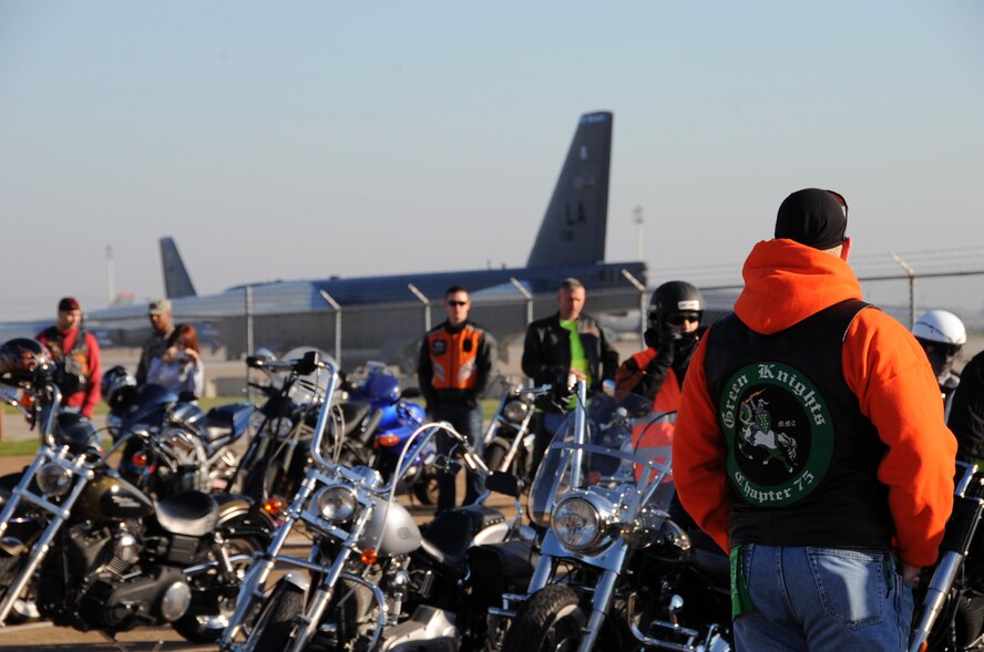 Motorcycle enthusiasts prepare for the Thunder on the Bayou motorcycle ride on Barksdale Air Force Base, La., April 5, 2013. The event promoted Barksdale motorcycle enthusiasts to learn about proper motorcycle safety and personal protective equipment while also encouraging mentorship and camaraderie. (U.S. Air Force photo/Airman 1st Class Benjamin Gonsier)