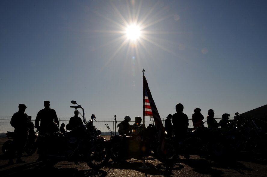 Motorcycle enthusiasts prepare for the Thunder on the Bayou motorcycle ride on Barksdale Air Force Base, La., April 5, 2013. The event promoted Barksdale motorcycle enthusiasts to learn about proper motorcycle safety and personal protective equipment while also encouraging mentorship and camaraderie. (U.S. Air Force photo/Airman 1st Class Benjamin Gonsier)