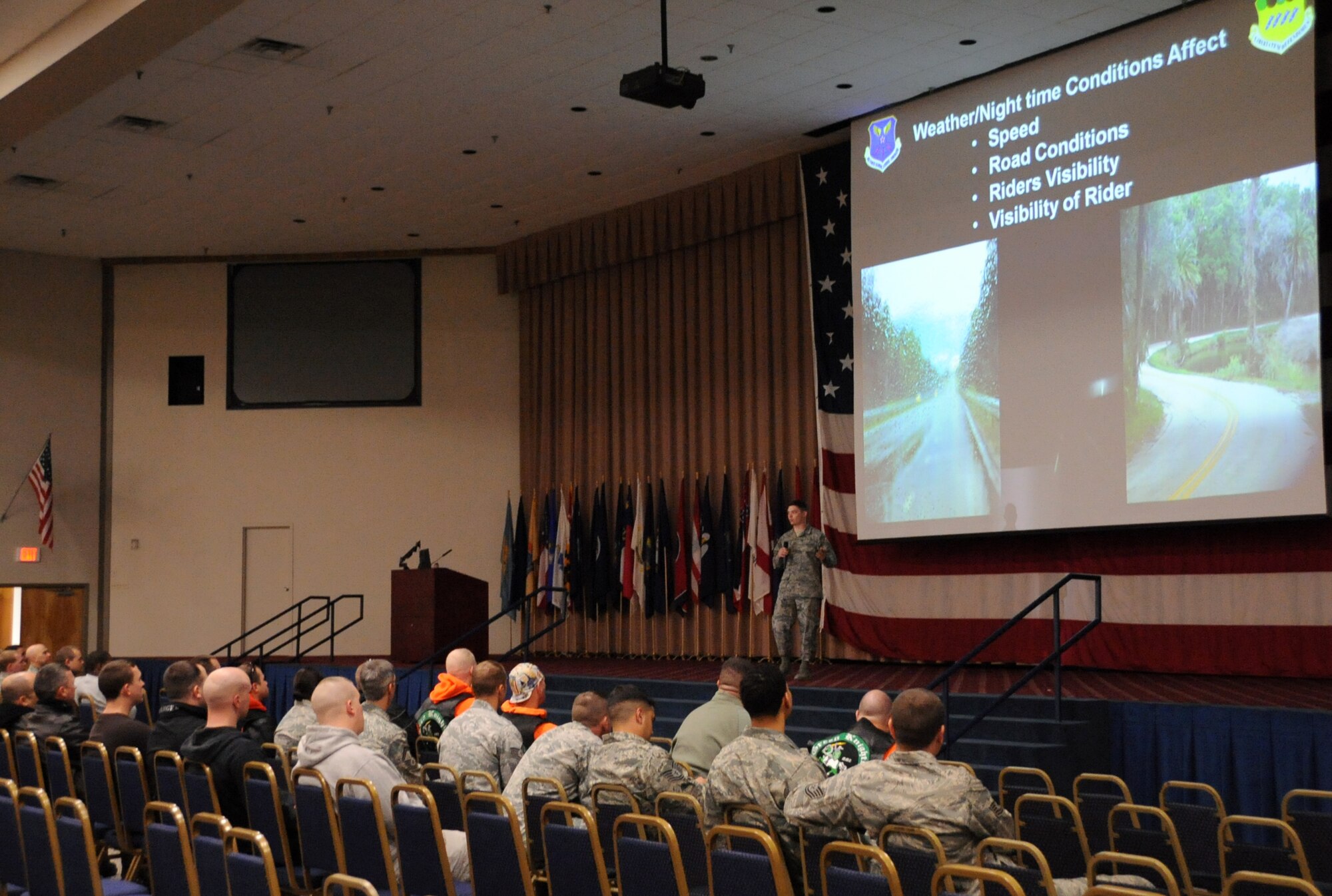 Motorcycle enthusiasts are briefed on motorcycle safety during the Thunder on the Bayou safety event on Barksdale Air Force Base, La., April 5, 2013. Motorcycle riders are required to receive an annual safety briefing. The briefing covers mishap trends, proper usage of personal protective equipment and local road conditions.  (U.S. Air Force photo/Airman 1st Class Benjamin Gonsier)