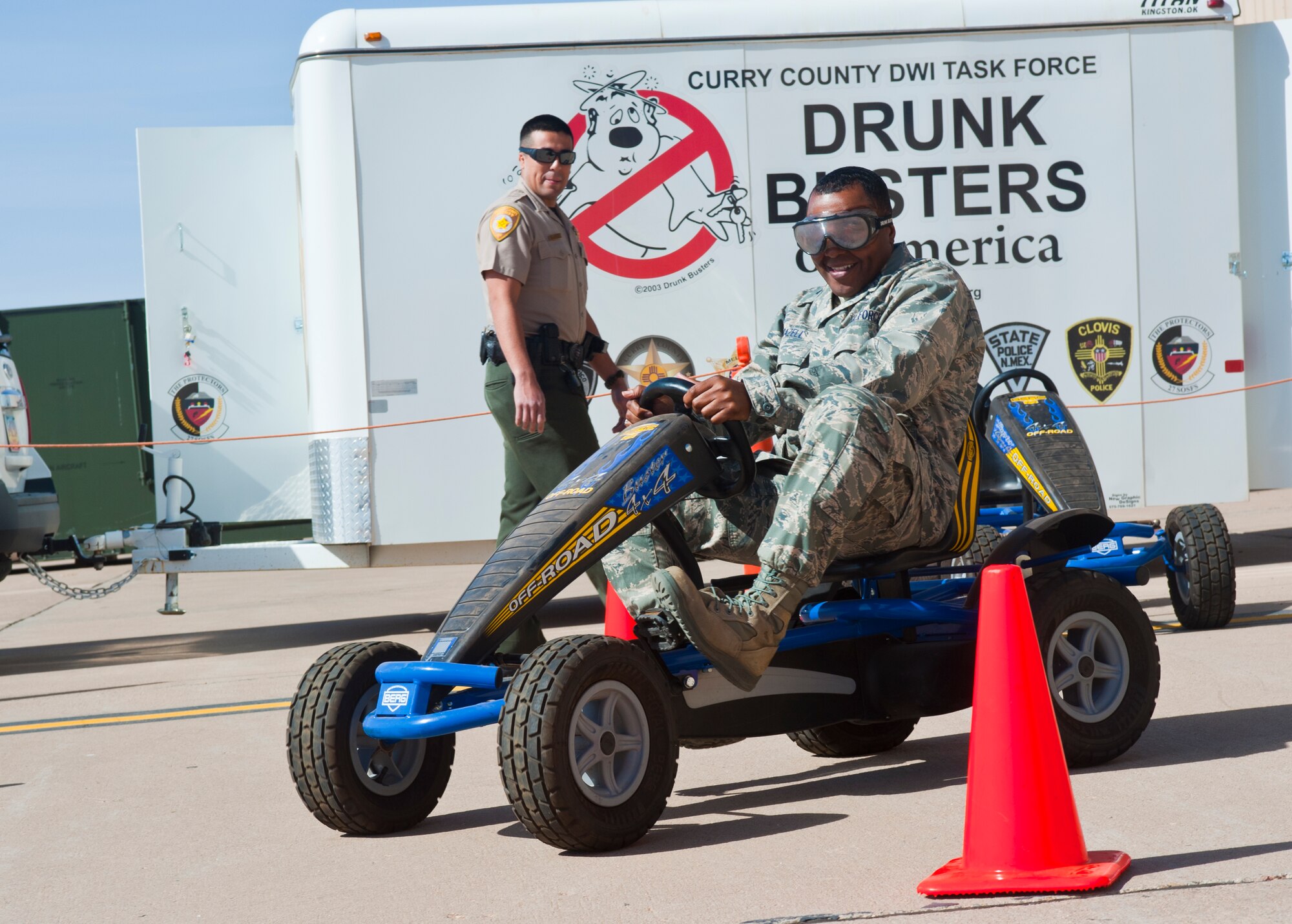 U.S. Air Force Lt. Col. Marcus Brazell, 727th Special Operations Aircraft Maintenance Squadron commander, participates in a drunk-driving course during the annual Safety Fair at Cannon Air Force Base, N.M., April 1, 2013. Additionally, Airmen had a chance to sign up for motorcycle safety classes and put out simulated fires at this year’s fair.