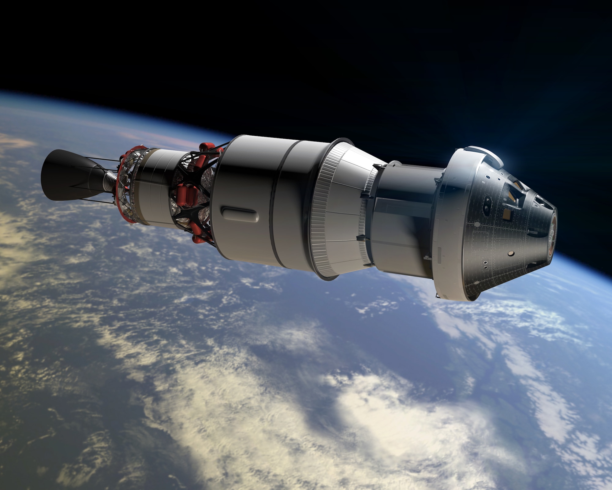 Artist’s rendering of Orion during Exploration Flight Test-1, the first spaceflight of America’s next generation spacecraft. A scale model of this configuration of the Orion underwent buffet/acoustic testing in AEDC’s 16-foot transonic wind tunnel in support of an upcoming flight test in 2014.  (Graphic courtesy of NASA)