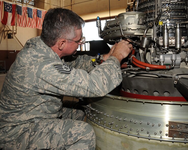 Tech. Sgt. Richard Murchison, 917th Maintenance Squadron jet engine mechanic, works on an A-10 Thunderbolt II engine on Barksdale Air Force Base, La., April 5, 2013. The 917 MXS is responsible for more than 100 A-10 engines. (U.S. Air Force photo/Senior Airman Sean Martin)
