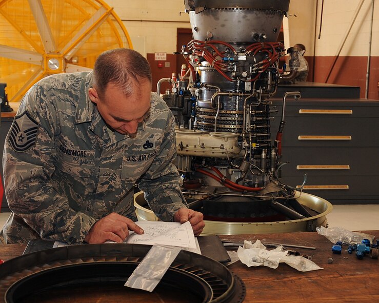Master Sgt. Joseph Densmore, 917th Maintenance Squadron jet engine mechanic, looks through a technical order on Barksdale Air Force Base, La., April 5, 2013. A TO is used to make sure steps are not missed when working on or repairing an item. (U.S. Air Force photo/Senior Airman Sean Martin)