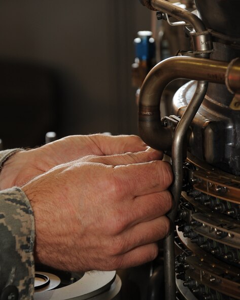 Master Sgt. Joseph Densmore, 917th Maintenance Squadron jet engine mechanic, works on an A-10 Thunderbolt II engine on Barksdale Air Force Base, La., April 5, 2013. The 917 MXS is responsible for more than 100 A-10 engines. (U.S. Air Force photo/Senior Airman Sean Martin)