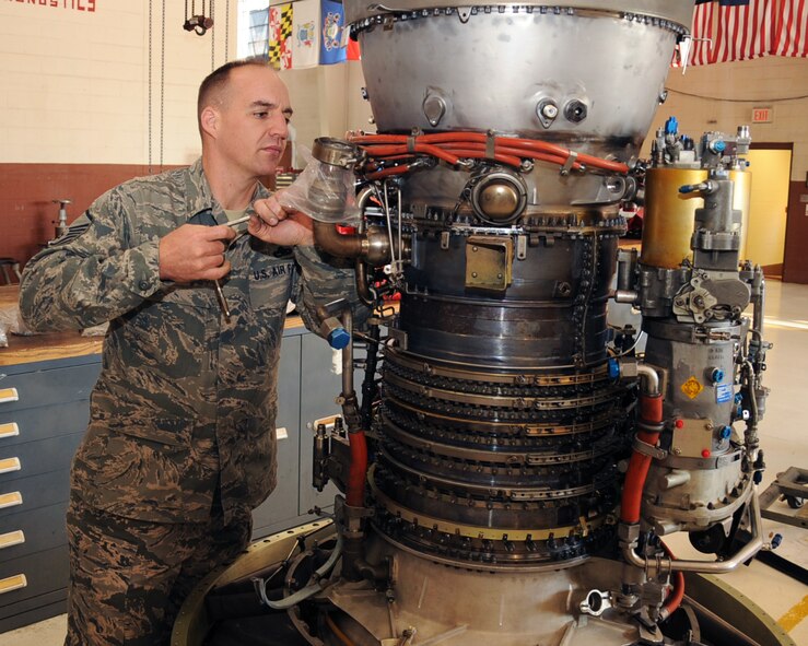 Master Sgt. Joseph Densmore, 917th Maintenance Squadron jet engine mechanic, works on the seven stage pneumatic duct on an A-10 Thunderbolt II engine on Barksdale Air Force Base, La., April 5, 2013. The duct is used as a sensing system for the engine. (U.S. Air Force photo/Senior Airman Sean Martin)
