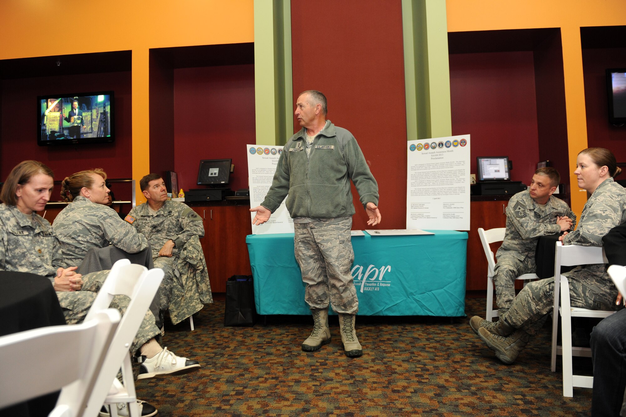 Maj. Gen. Michael Edwards, the adjutant general of Colorado, speaks at the Sexual Assault Awareness Month proclamation event April 2, 2013, in Centennial, Colo. SAAM base events help to raise awareness about sexual assault in the military and the options available to victims. (U.S. Air Force photo by Senior Airman Marcy Glass/Released)