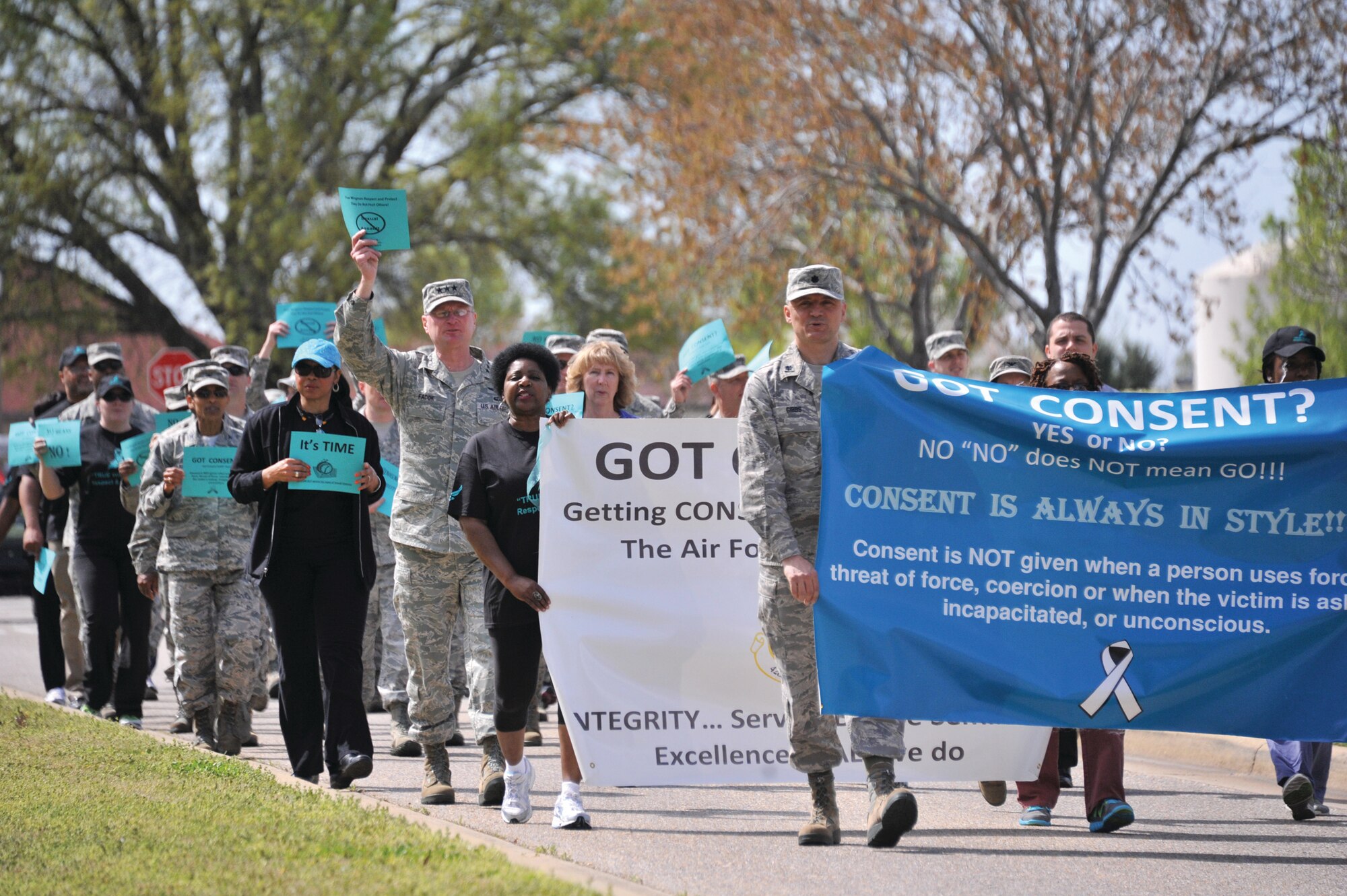 Maxwell takes steps to stop sexual assault Tuesday during the Sexual Assault Awareness Month kickoff event, beginning at the 42nd Air Base Wing Headquarters. More information on SAAM will run in future editions of the Dispatch. (U.S. Air Force photo by Staff Sgt. Sandra Percival)