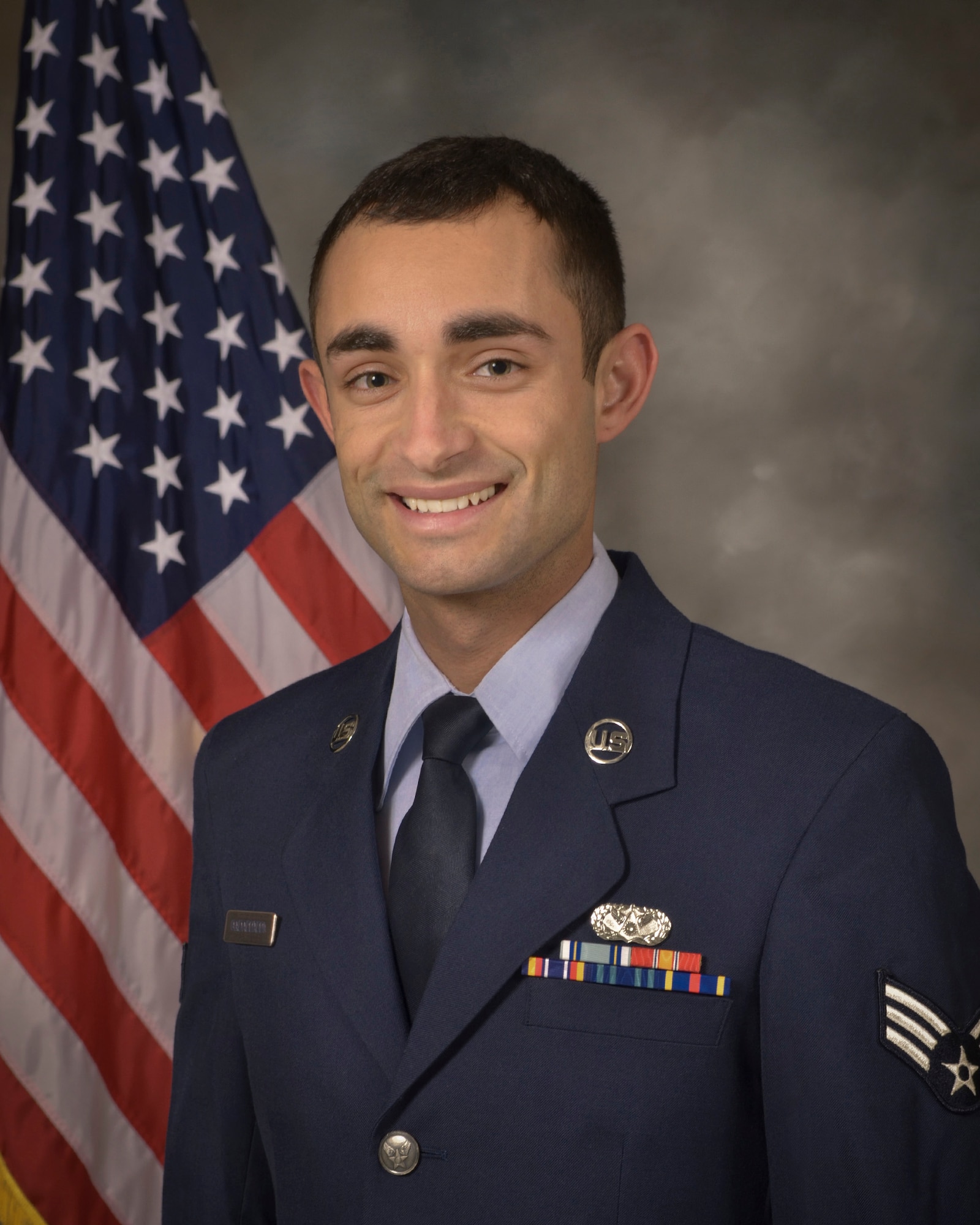 Official Air Force portrait of Senior Airman Jefferson Harkleroad, an electrician serving in the Civil Engineering Squadron of Milwaukee's 128th Air Refueling Wing.  Harkleroad was recognized by the Milwaukee Bucks and Waukesha Metal as part of their “Hardwood Homecoming” program prior to the Bucks’ game versus the Minnesota Timberwolves Wed., April 3, 2013 at the BMO Harris Bradley Center.