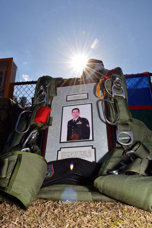 A memorial to Staff Sgt. Brian Daly is displayed at the Hedrick Stadium track during the Tactical Air Control Party annual 24-hour Challenge Run, March 28-29.  Staff Sgt. Daly was assigned to Detachment 1, 507th Tactical Air Control Wing, Fort Bragg, N.C. from 1988-1993.  In September of 1996, Sergeant Daly was killed in a military free-fall accident while assigned to the John F. Kennedy Special Warfare Center Military Free-Fall School. Tactical Air Control Party Airmen assigned to Pope Army Airfield, Fort Bragg, N.C., units participated in the second annual worldwide TACP 24-hour Run Challenge fundraising event, held to honor and raise funds for fallen TACP brothers in arms and their families.  (U.S. Air Force photo by Marvin Krause/Released)