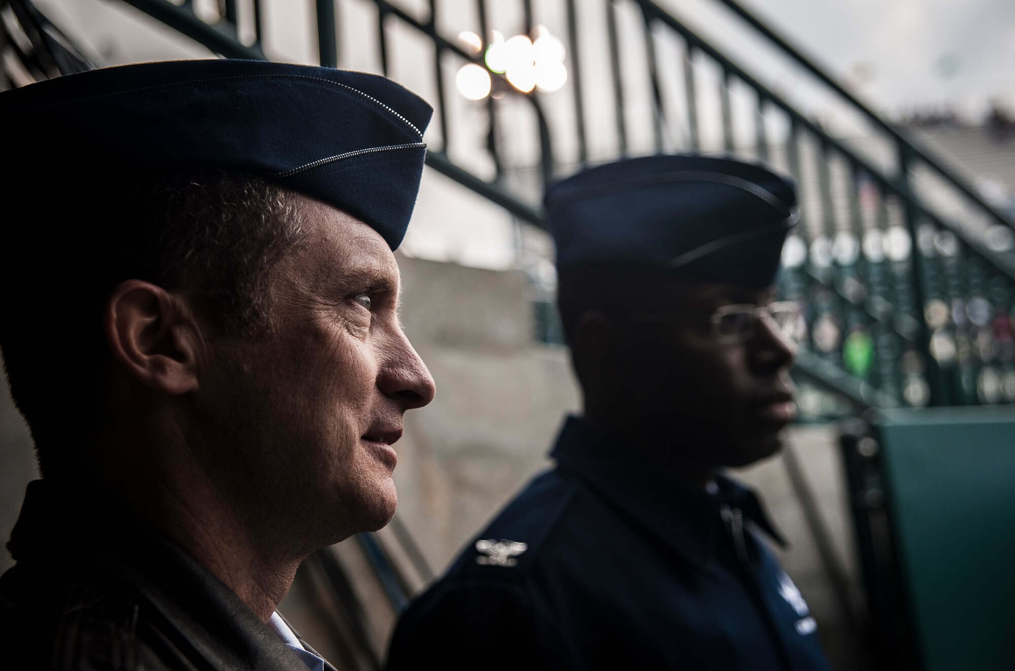 Col. James Fontanella, 315th Airlift Wing commander, and Col. Dennis Dabney, 437th Maintenance Group commander, wait in the Family Circle Tennis Center stadium tunnel before the match coin toss April 3, 2013, at the Family Circle Cup Tennis Tournament in Daniel Island, S.C. (U.S. Air Force photo/ Senior Airman Dennis Sloan)