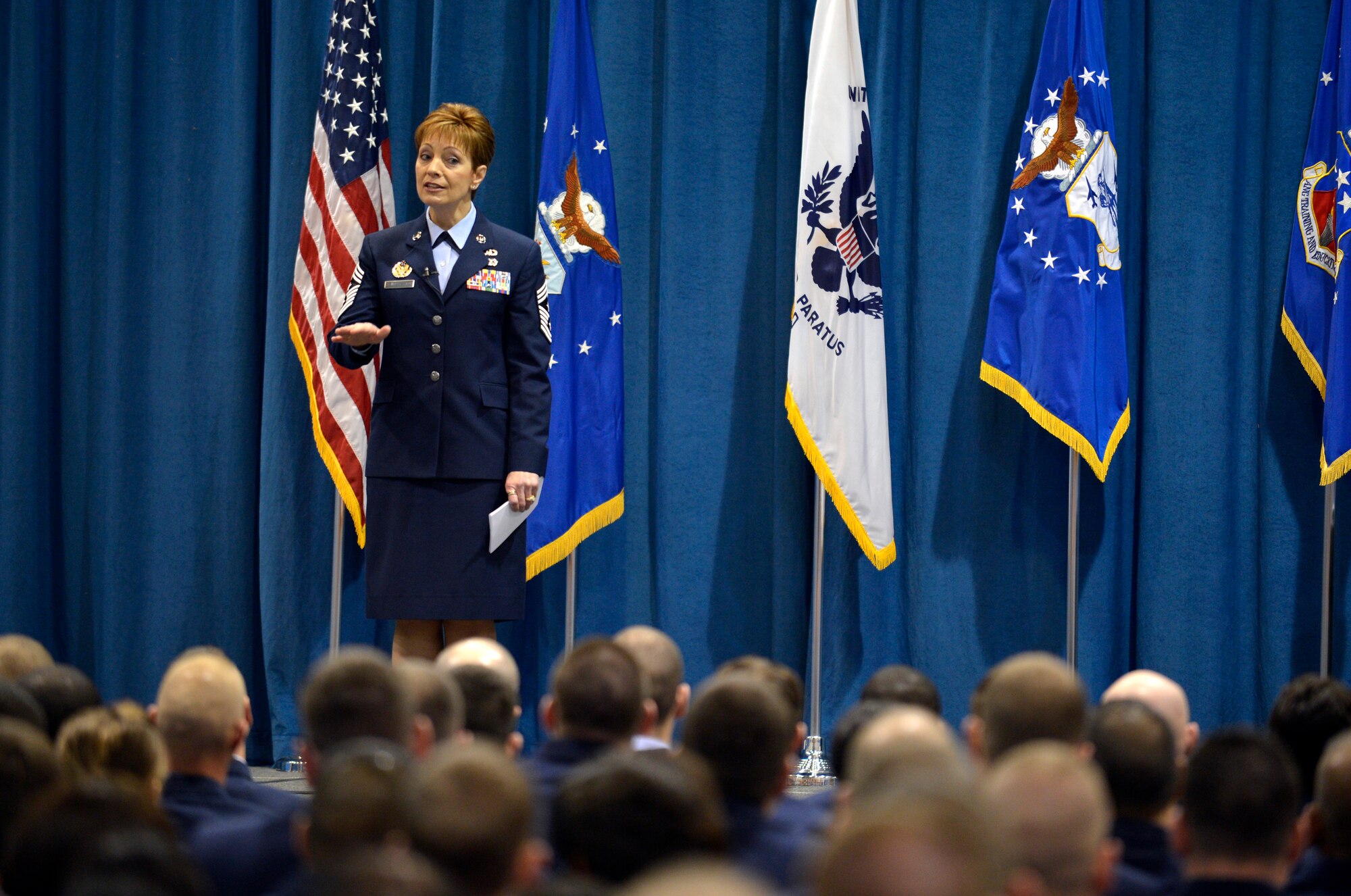 MCGHEE TYSON AIR NATIONAL GUARD BASE, Tenn. – Guest speaker, Chief Master Sgt. Denise Jelinski-Hall, senior enlisted advisor to the Chief of the National Guard Bureau, challenges 57 Airman Leadership School and 266 Noncommissioned Officer Academy graduates to achieve their best here April 4, 2013, at the I.G. Brown Training and Education Center. Top ranking Defense leaders have visited and inspired students at the Center for 45 years. (U.S. Air National Guard photo by Master sgt. Kurt Skoglund/Released)