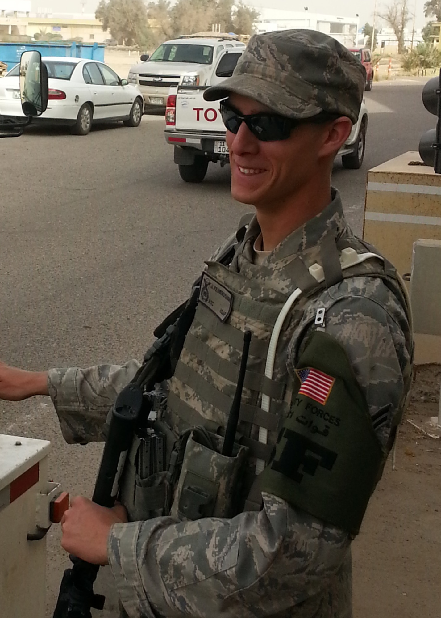 Airman 1st Class Jonathon Reinersmann, 387th Expeditionary Security Forces Squadron, works the entry control point on base here April 4. Reinersmann was selected as Rock Solid Warrior for the first week of April. (Courtesy Photo)