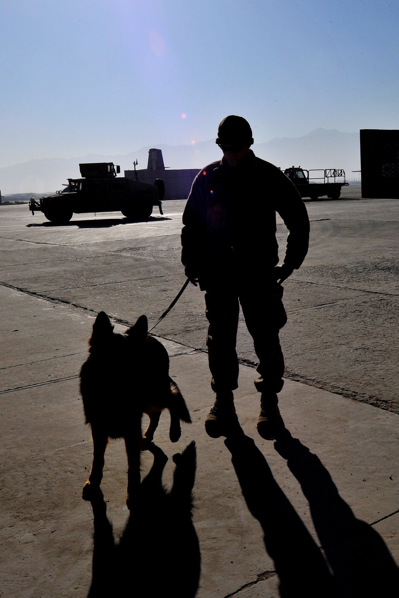 A 455th Expeditionary Security Forces Group dog handler and his dog stand guard at an entry control point at Bagram Airfield, Afghanistan, Dec. 1, 2012.  The 455th ESFG military working dog handlers work side by side with their dogs, searching vehicles entering Bagram for illegal drugs and explosives. (U.S. Air Force photo/Senior Airman Chris Willis)