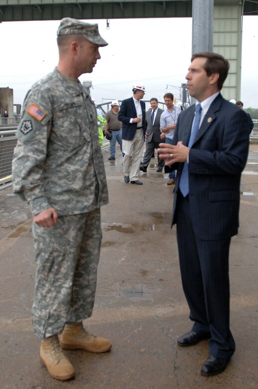 Lt. Col. James A. DeLapp (Left), U.S. Army Corps of Engineers Nashville District commander, talks with Congressman Chuck Fleischmann, representative of the 3rd District of Tennessee, during a tour of the Lock Addition Project at Chickamauga Lock in Chattanooga, Tenn., March 23, 2012.