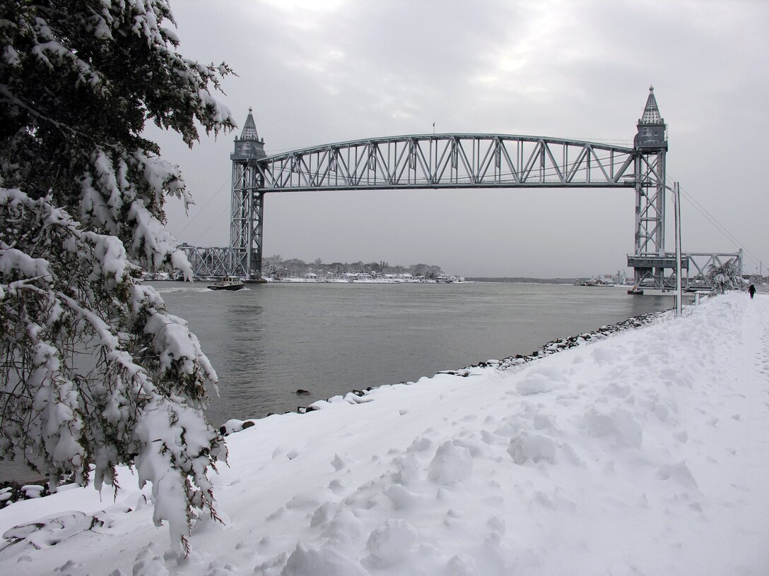 Scenic shot of the Railroad bridge on the Cape Cod Canal in winter.  January 2009.