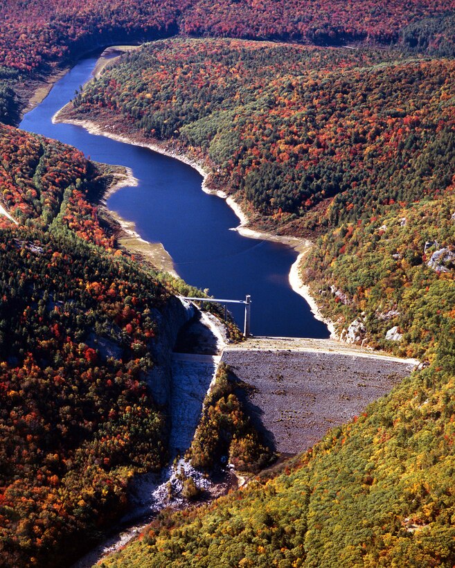 Aerial view of Ball Mountain Lake on West River in Jamaica, VT