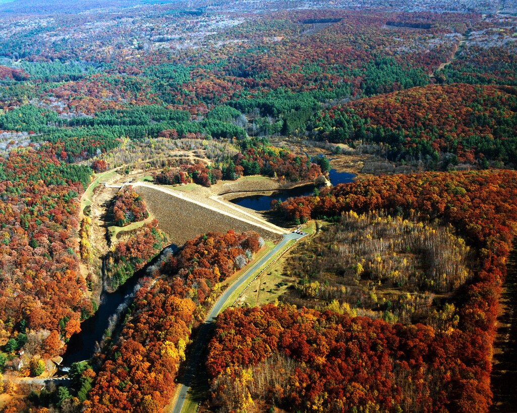 aerial view of Conant Brook Dam, on the Conant Brook tributary of Chicopee Brook, Monson, MA
