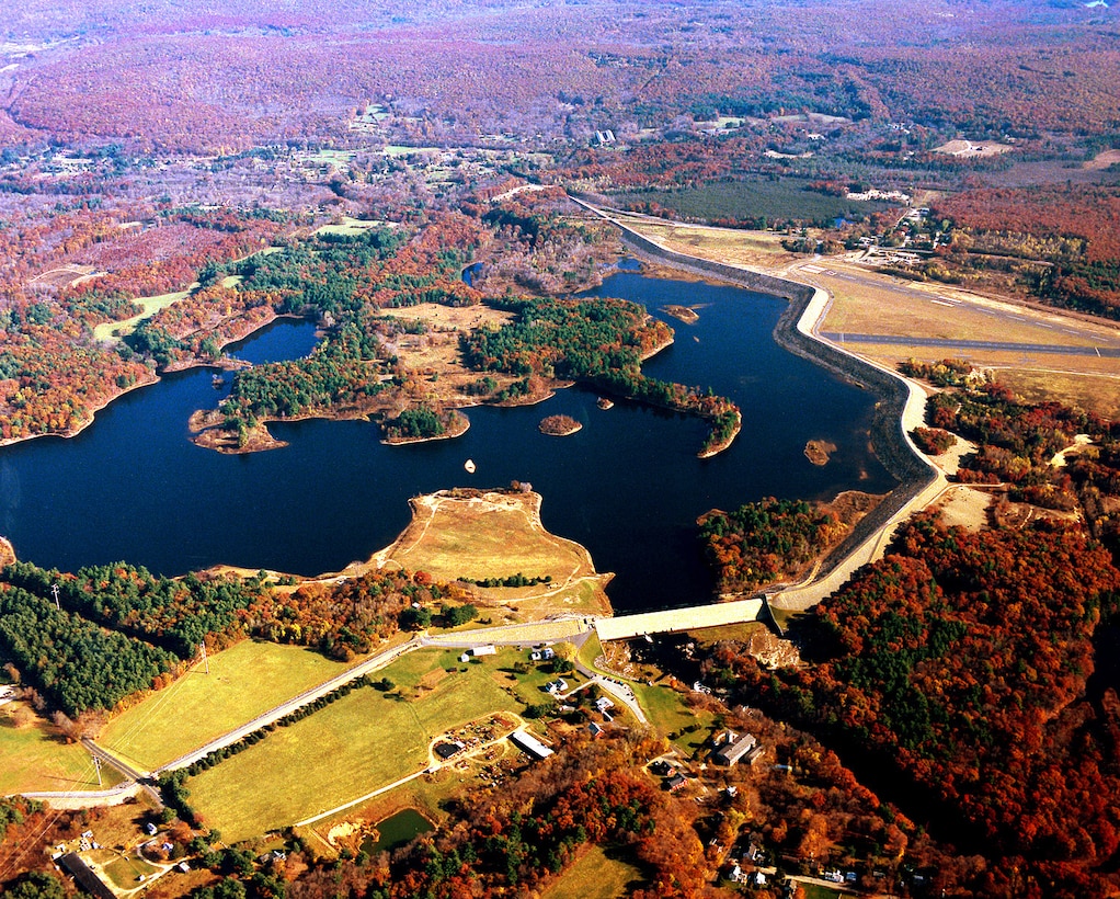 Aerial view of Mansfield Hollow Lake along the Natchaug River in Mansfield and Windham, CT.