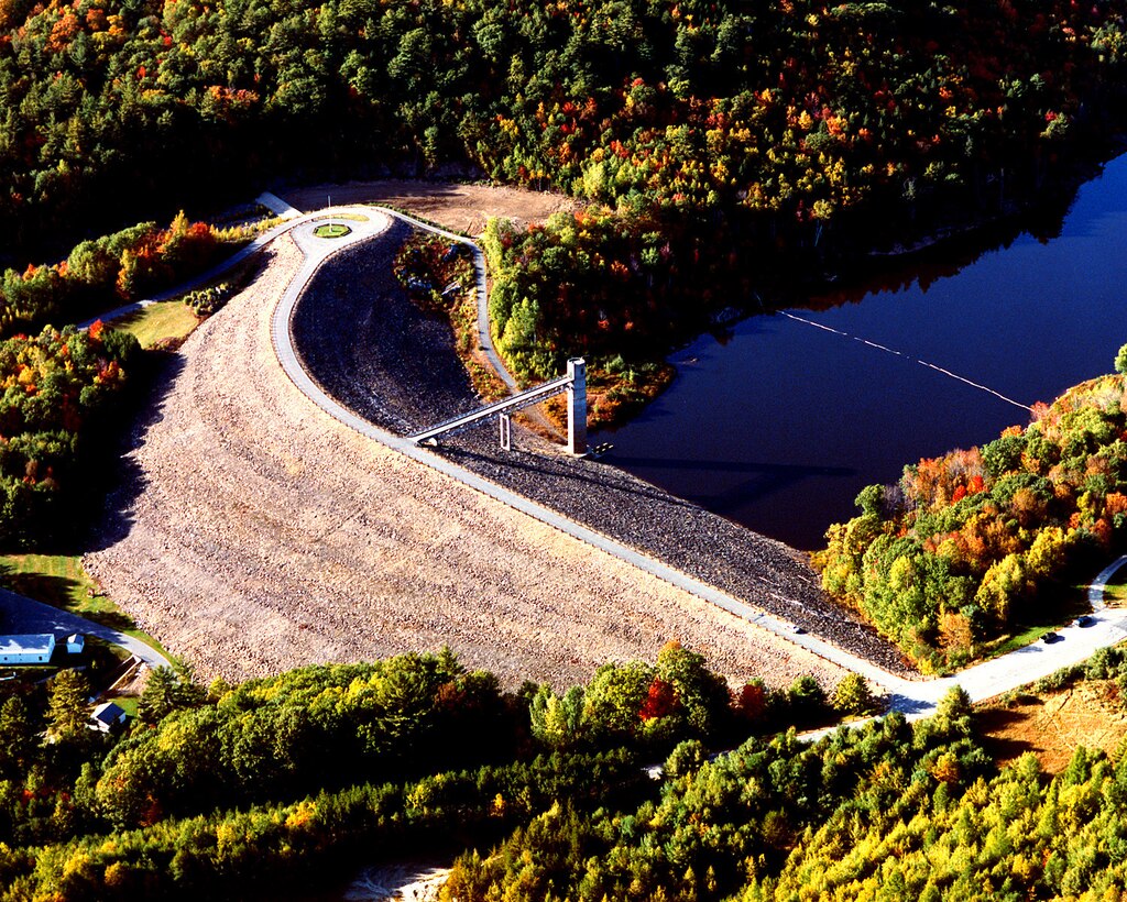 aerial view of the dam at Otter Brook in Keene, NH.  Dam is located on the Otter Brook, a tributary of the Branch River which turns into a tributary of the Ashuelot River