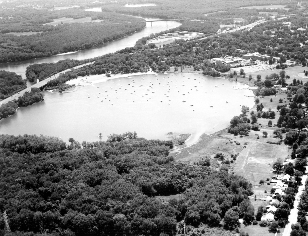 Aerial photograph of Wethersfield Cove on the Connecticut River (Navigation Project).  Photograph was taken in June 1987.