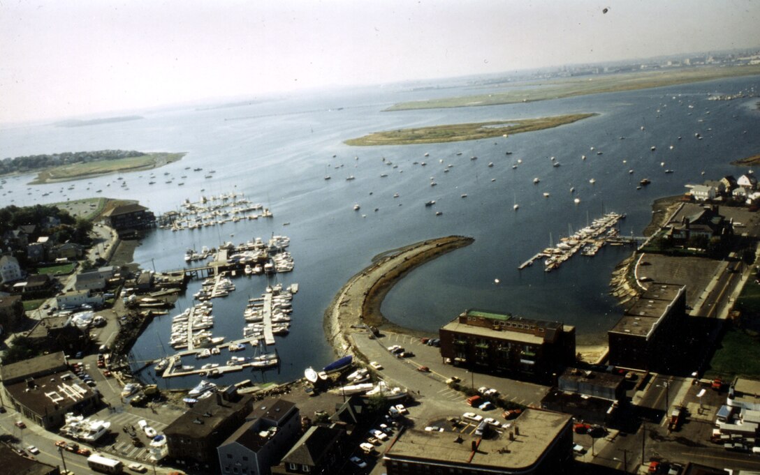 Aerial view of Winthrop Harbor. Winthrop Harbor in Winthrop, situated between Winthrop Head on the east and Logan Airport on the west, is about three miles north of Boston Harbor, MA. Photo was taken in Oct. 1987. 