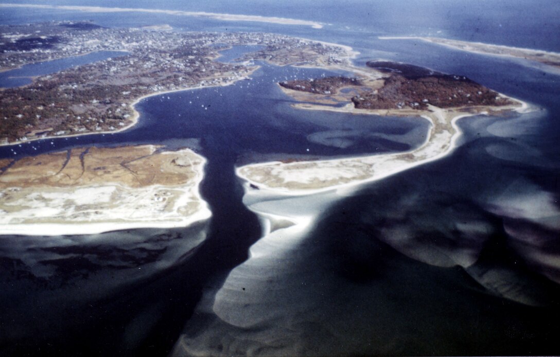 Aerial view of Stage Harbor. Stage Harbor in Chatham is located in the northeast corner of Nantucket Sound, about 16 miles east of Hyannis Harbor, MA>  Photo was taken in Nov. 1987.