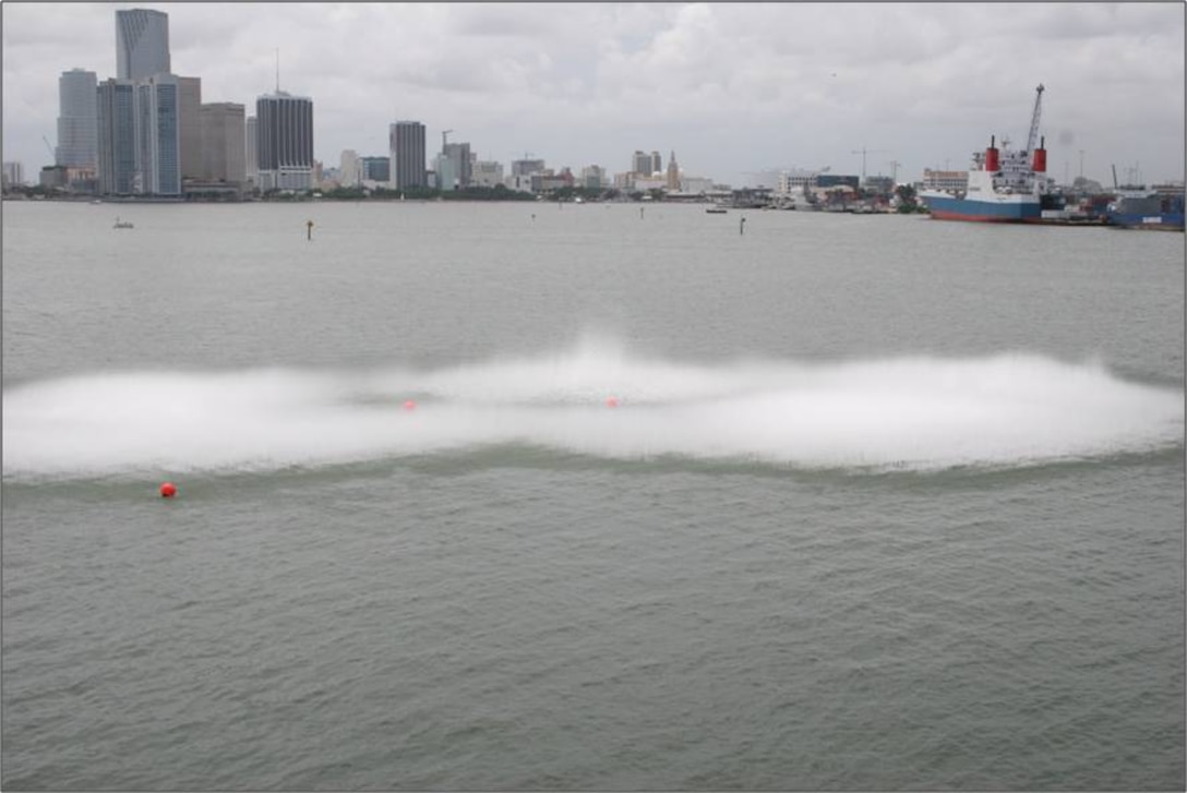 Confined blasting method, using 3,000 pounds of explosives to crack rock beneath the water’s surface in Miami Harbor. 