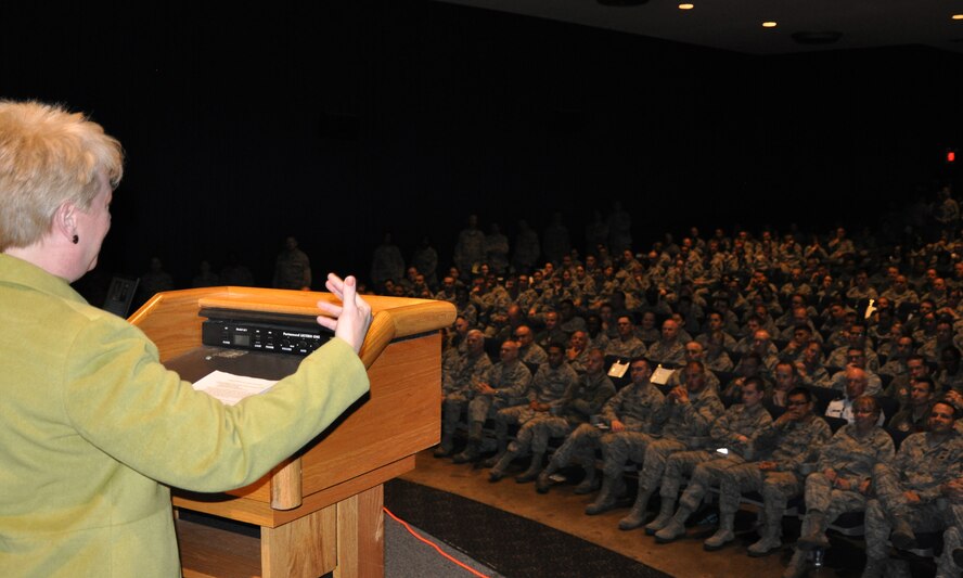 Mary Lauterbach, mother of slain Marine Lance Corporal Maria Lauterbach, speaks to members of the 301st Fighter Wing during a Sexual Assault Awareness Month event at the base theater Saturday, April 6. Lance Cpl. Lauterbach was murdered by a fellow Marine after reporting yhat he had raped her in 2007. The goal of SAAM is to raise awareness of sexual assault, how to report and prevent it. (U.S. Air Force photo by Senior Airman Melissa Harvey/Released)