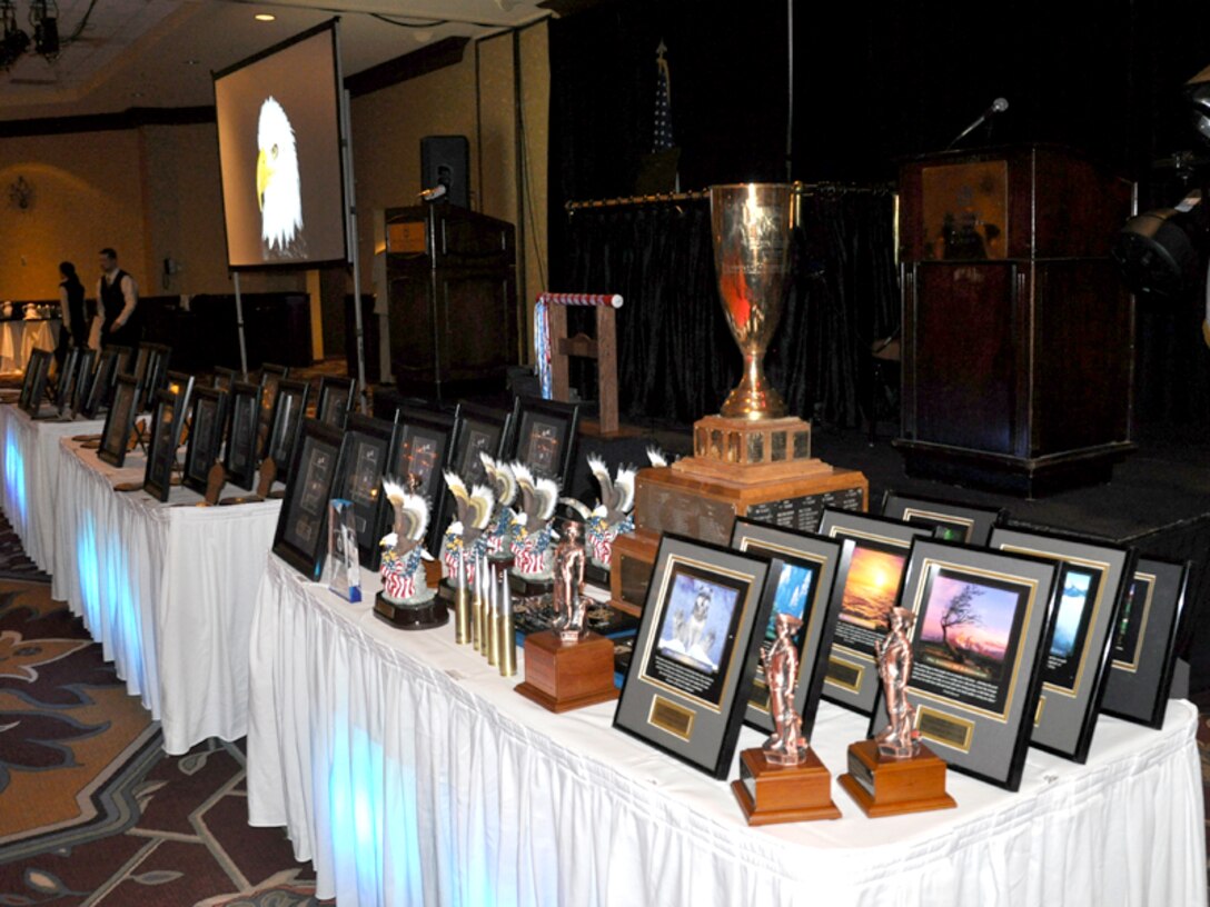 Nearly 100 awards are displayed for approximately 400 members of the 104th Fighter Wing and their families that attended the annual awards banquet held at the Sheraton Hotel, Springfield, Mass., April 6, 2013. (Air National Guard Photo by Maj. Mary Harrington)