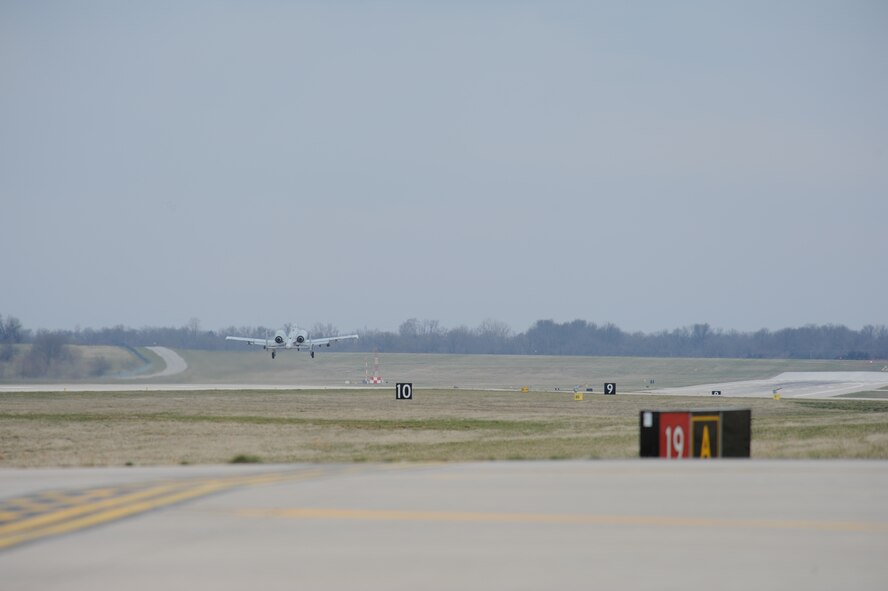 An A-10 Thunderbolt II takes off for  a sortie, April 6, 2013. The flying exercise utilized 10 aircraft, flying 38 sorties in one day. The A-10 Thunderbolt II is assigned to the 442nd Fighter Wing, an Air Force Reserve unit at Whiteman Air Force Base, Mo. (U.S. Air Force photo/Staff Sgt. Lauren Padden)